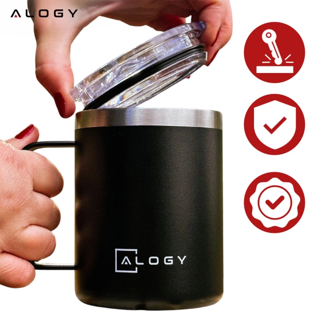 Thermal mug 420 ml with a handle and lid for coffee, tea, steel, cold and hot drinks, Alogy Black