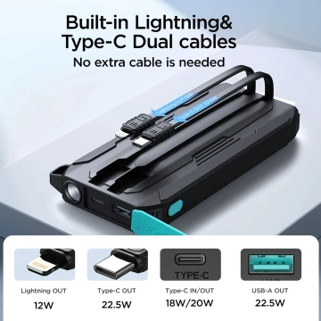 Зовнішній акумулятор Joyroom 10000mAh 22.5W з кабелями USB-C та Lightning, чорний