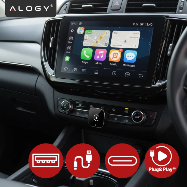 Adapter Bezprzewodowy Apple CarPlay i Android Auto do Auta, Plug & Play z Portem USB-A + Przejściówka USB-C, Szybkie Połączenie i Stabilna Transmisja, Alogy AutoConnect™