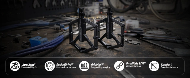 Pedały rowerowe platformowe MTB – aluminiowe, lekkie i wytrzymałe, 9/16”, szeroka platforma, antypoślizgowe piny – RideForce™ Czarne