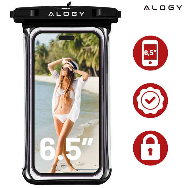 Etui wodoodporne Uniwersalne Alogy HydroShield™ IPX8 wodoszczelne uniwersalne do 6.5 Wodoodporna ochrona na plażę basen kajak Czarne
