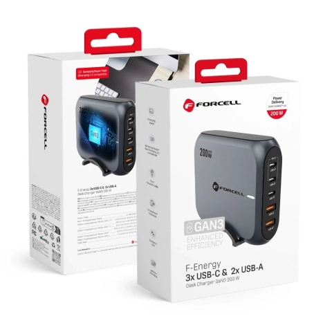 Зарядний пристрій Forcell GaN III для робочого столу 200 Вт 3xUSB-C 2xUSB-A PD QC SFC
