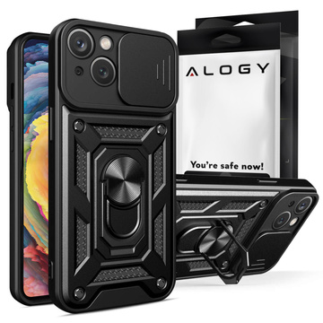 Obrněné pouzdro pro iPhone 15 Camshield Case Ring Alogy Stand s posuvným krytem fotoaparátu, černé
