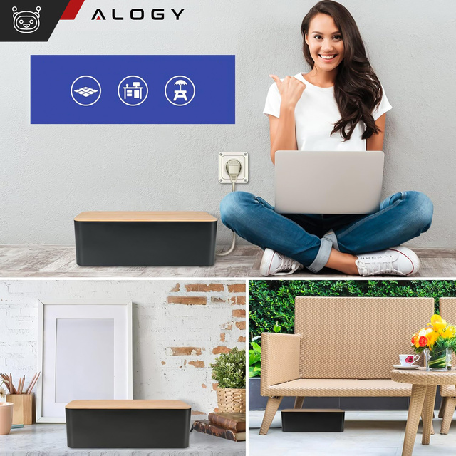 Organizér box na kabely lišty box M stůl podlaha Alogy BOX dřevo Černý