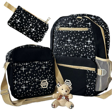 3in1 backpack school urban youth school bag pencil case cosmetic bag keychain teddy bear capacious women's Black with stars Alogy