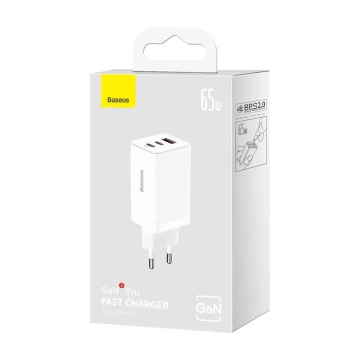 Baseus GaN5 Pro 2xUSB-C USB nástěnná nabíječka, 65W (bílá)