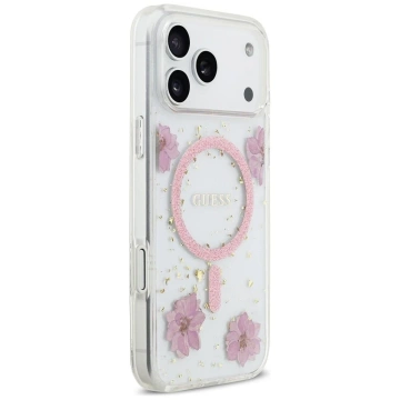 Etui Guess MagSafe do iPhone 17 Pro Max Resin Flowers Glitter Pink
