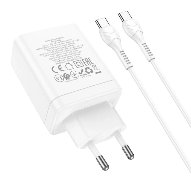 HOCO Wandladegerät 2 x Typ C USB A Kabel Typ C auf Typ C PD QC3.0 3A 35W Weiß