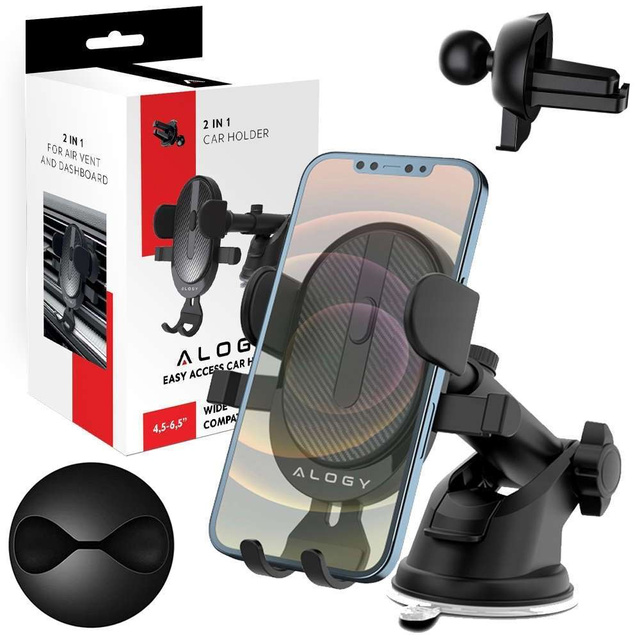 Alogy 2v1 držiak do auta pre 6,5" telefón gravitačný na čelné sklo, palubnú dosku, mriežku Easy One Touch Organizer
