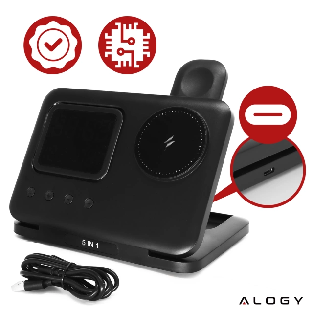 ŁADOWARKA INDUKCYJNA BEZPRZEWODOWA SZYBKA STACJA 5w1 ZEGAR LED 15W USB-C do MagSafe do Apple iPhone Watch AirPods z zegarem i higrometrem Czarna