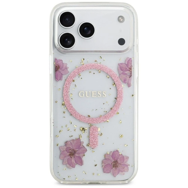 Etui Guess MagSafe do iPhone 17 Pro Max Resin Flowers Glitter Pink