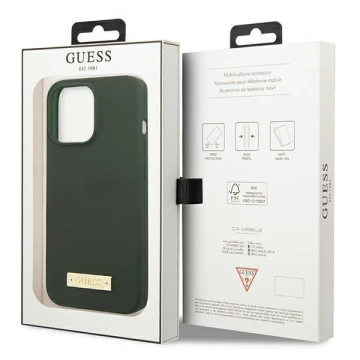 Etui Guess GUHMP13XSPLA do Apple iPhone 13 Pro Max 6,7" zielony/khaki pevné pouzdro silikonové logo Plate MagSafe