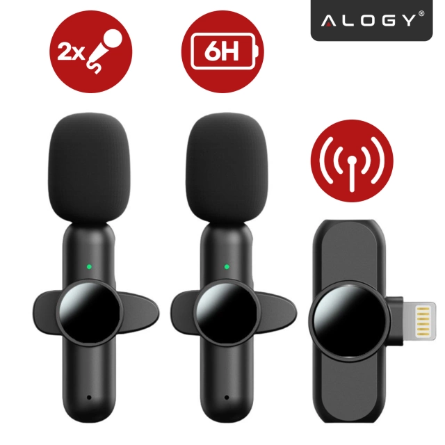 Bezdrátový mikrofon 2x sada - Lightning pro iPhone, potlačení hluku, lehká konstrukce, dosah až 20 metrů - 2x klopový mikrofon s kožešinovým krytem, sluchátko na telefon - Alogy DualVoice™ černá
