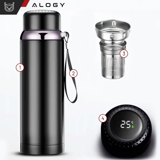 Termoska termofľaša na vodu 800ml na kávu čaj yerba mate LED sitko šnúrka Alogy display Čierna Umývacia kefa
