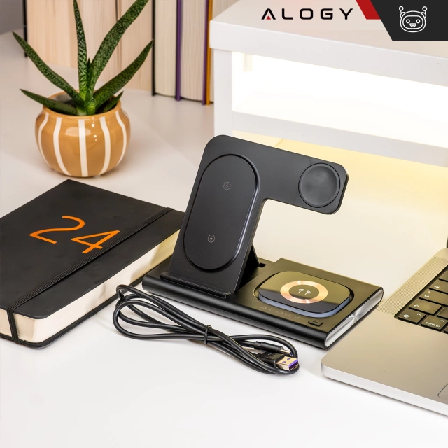 Mag Safe 3v1 Qi 18W bezdrátová indukční nabíječka pro iPhone, Apple Watch, stojánek nabíjecí stanice AirPods Alogy černá