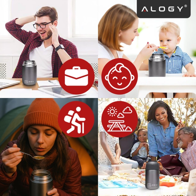 Abendessen-Thermoskanne für Kinder-Suppe, Essen, 700 ml, Alogy Edelstahl-Klapplöffel, Thermograu