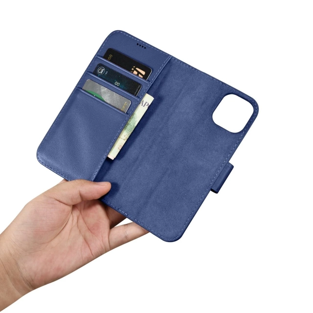 Kožené flipové pouzdro iCarer Wallet Case 2v1 iPhone 14 Plus Anti-RFID modré (WMI14220727-BU)