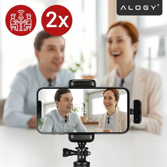 Bezdrôtový mikrofón 2x sada - Lightning pre iPhone, potlačenie hluku, ľahká konštrukcia, dosah až 20 metrov - 2x klopový mikrofón s kožušinovým krytom, slúchadlo na telefón - Alogy DualVoice™ čierny