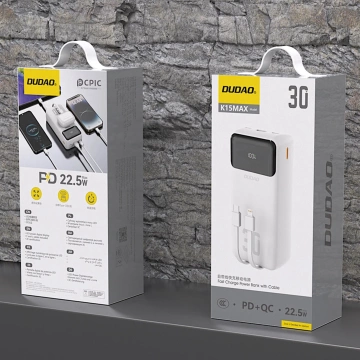 Powerbank Dudao K15MAX 30000mAh 22.5W z kablami USB-C i Lightning Biały