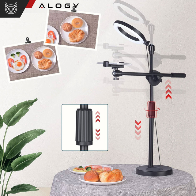 Ring LED ring lamp 10" 2x phone holder standing tripod on desk with adjustable frame Alogy Black