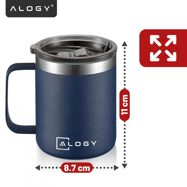 Thermobecher 420 ml mit Griffdeckel für Kaffee, Tee, kalte und warme Getränke aus Stahl, Alogy, Marineblau