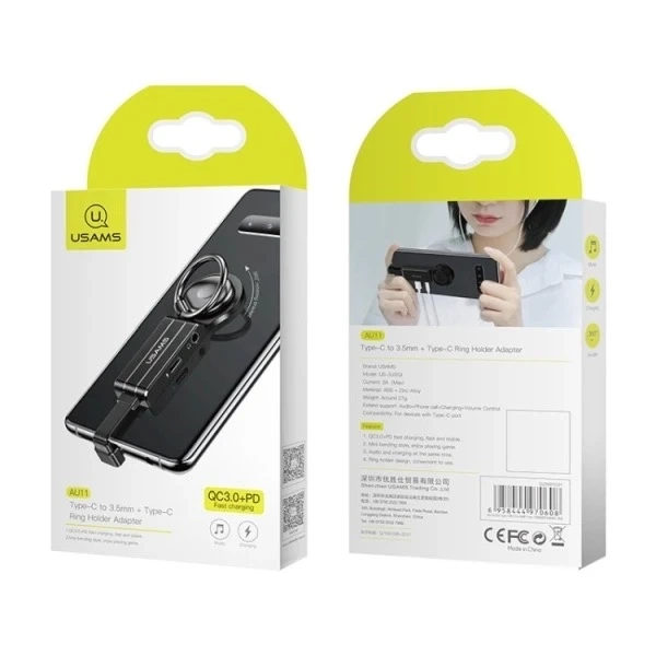 USAMS Adapter AU11 2w1 USB-C - 3,5mm USB-C ring holder czarny/black SJ359TC01 (US-SJ359)