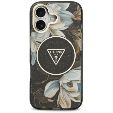 Etui Guess MagSafe do iPhone 17 IML Glitter Flowers Triangle Black