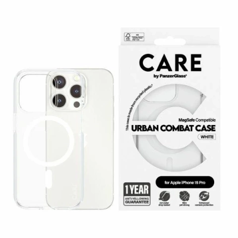 Puzdro CARE od PanzerGlass Urban Combat pre iPhone 15 Pro, priehľadné, s bielymi magnetmi, MagSafe