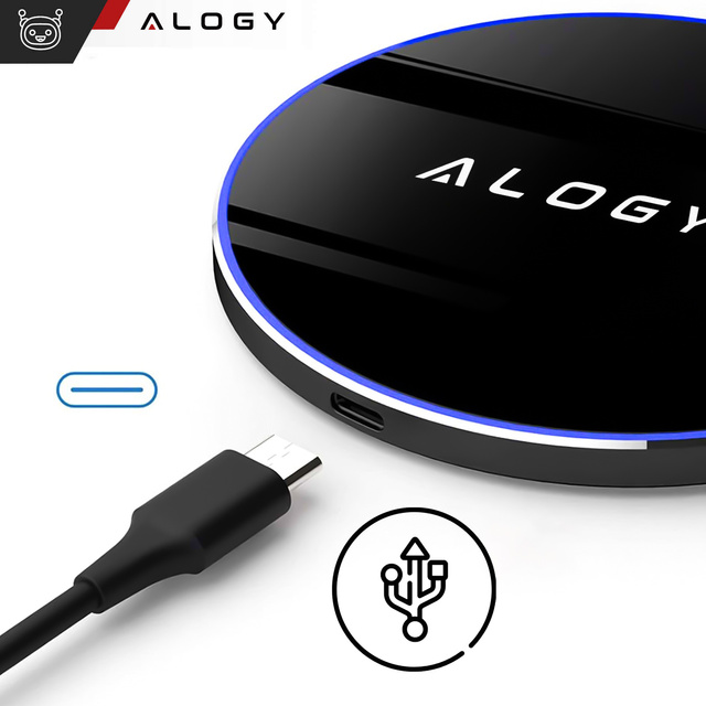 QI wireless inductive charger 15W fast LED Alogy round for iPhone USB-C cable Black