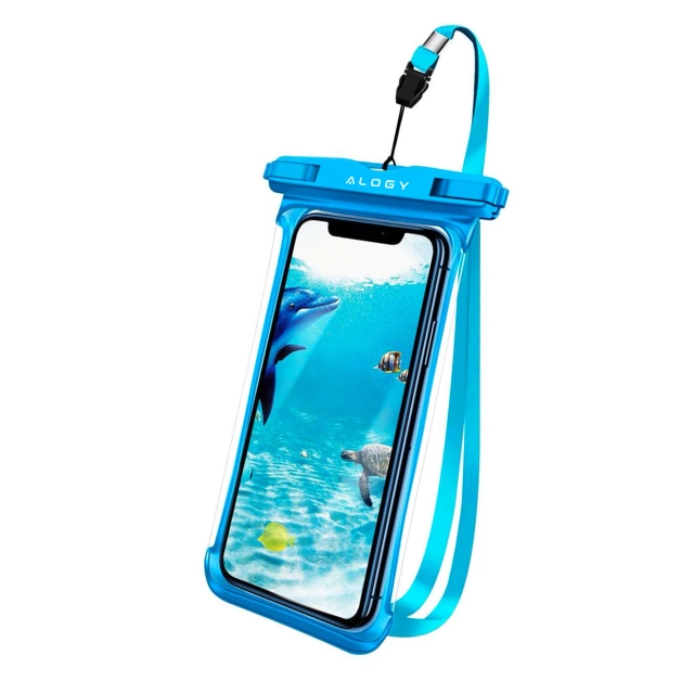 Univerzální vodotěsné pouzdro Alogy HydroShield™ s certifikací IPX8 pro telefony do 6,5", vodotěsná ochrana pro pláž, bazén a kajak, dotykový displej vpředu a popruh na krk - modré