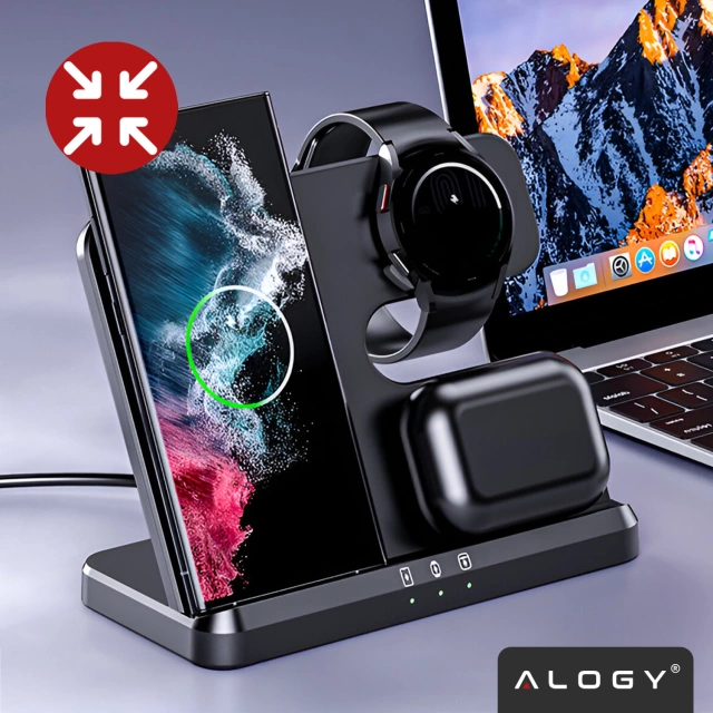 Ładowarka Bezprzewodowa Indukcyjna 3w1 Qi 3.0 Szybka do Samsung S22 S23 S24 S25 Galaxy Watch Buds Stacja czarna