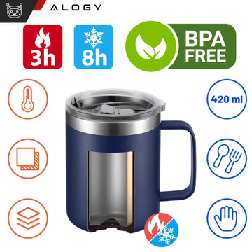 Thermal mug 420ml with handle lid for coffee tea steel cold and warm drinks Alogy navy blue Washing brush