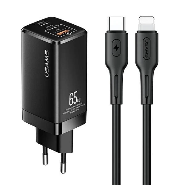 USAMS Wandladegerät MT 2xUSB-C USB GaN 65W T33 PD USB-C-Lightning 30W Schnellladekabel schwarz/schwarz MTXLOGTL01