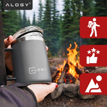 Thermo mug 420ml with handle lid for coffee tea steel cold and hot drinks Alogy Gray