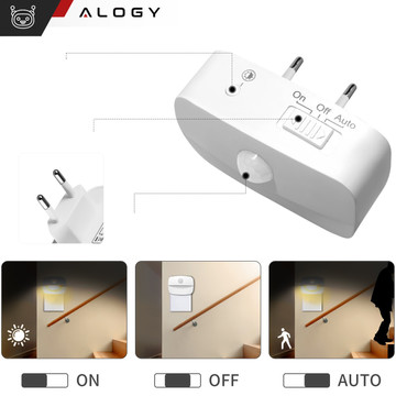 2x LED noční lampa s pohybovým čidlem do EU zásuvky, 3 barvy světla Alogy Night Light White