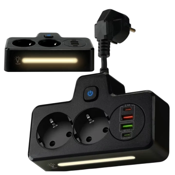 Alogy Plug Extender rozbočovač zásuvek rozbočovač adaptér prodlužovací kabel 2x EU zástrčka 2x USB 2x USB-C Černá