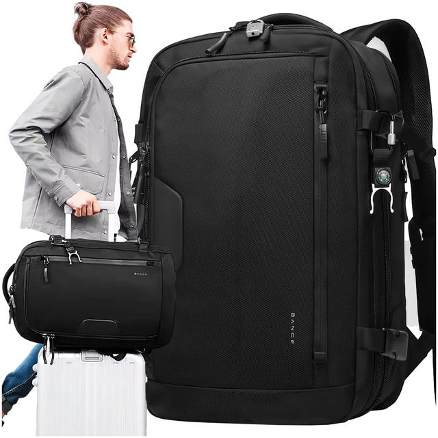 Bange Waterproof Backpack for Laptop 15.6" City Travel Expandable 55 x 35 x 21-27 cm for Airplane Men's Women's Padlock Code Compass Bottle Holder Black