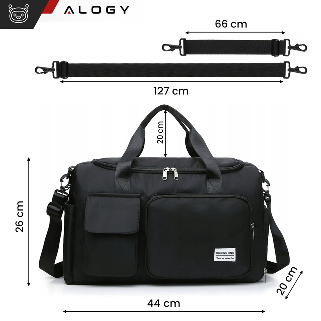 Sport-Umhängetasche für Herren und Damen, für das Fitnessstudio, für das Flugzeug, Handgepäck, 44 x 26 cm, Training, schwarz, Alogy Black