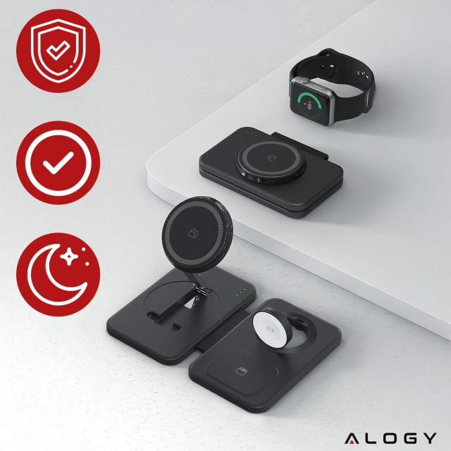 Bezdrôtová nabíjačka Alogy MagCharge Foldable Pro 3-v-1 pre MagSafe, Apple iPhone, hodinky, AirPods, čierna