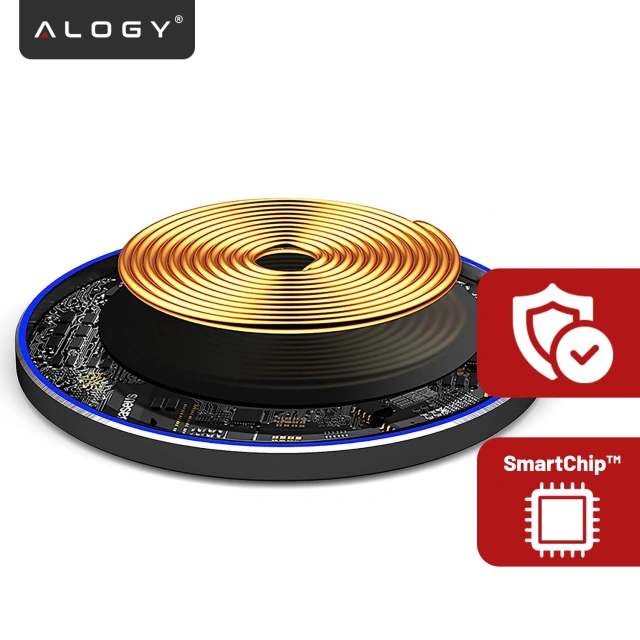 QI wireless inductive charger 15W fast LED Alogy round for iPhone USB-C cable Black