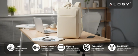 Batoh Alogy UrbanPack Pro™ Business pre notebooky 15-16" – vodeodolný, nárazuvzdorný, s vreckom na fľašu a popruhom na batožinu – béžový