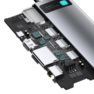 Hub 9w1 Baseus Metal Gleam Series, USB-C do 3x USB 3.0 HDMI USB-C PD Ethernet RJ45 microSD/SD VGA
