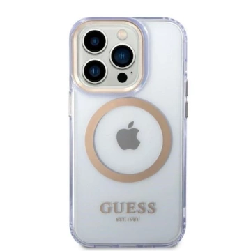 Etui Guess GUHMP14LHTCMU pre iPhone 14 Pro 6,1" purpurovo/fialové pevné puzdro Gold Outline Translucent MagSafe
