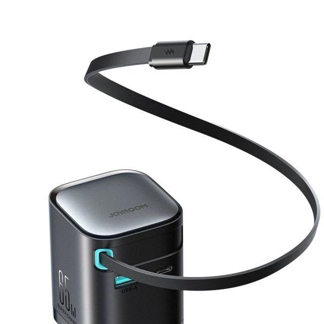Joyroom JR-TCL02 65W USB-A USB-C GaN nabíječka s vestavěným USB-C kabelem – černá