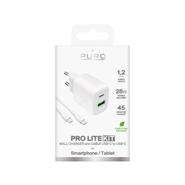 Nabíjačka Puro PROLITE 25W USB-A/USB-C do steny, kábel USB-C 1,2 m - biela