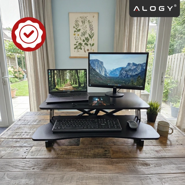 Standing desk with pneumatic lift 60×80 cm - height adjustment 11–51 cm, two-level, foldable, ideal for home office - Alogy LiftDesk™ Black