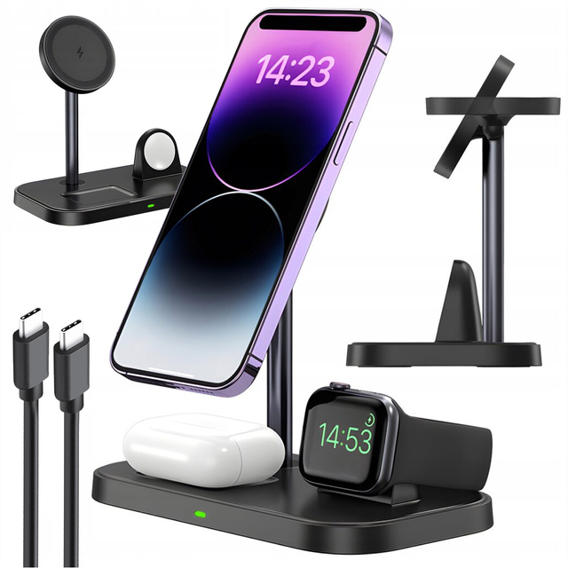 Qi Mag Safe 15W inductive charger for iPhone Apple Watch AirPods 3in1 wireless stand station Black