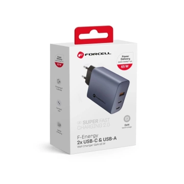 FORCELL F-ENERGY GaN nástenná nabíjačka 2 x USB typu C USB A PD QC4.0 4A 65W šedá