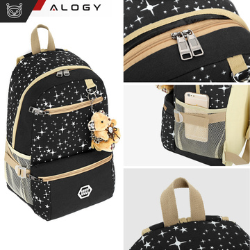 3in1 backpack school urban youth school bag pencil case cosmetic bag keychain teddy bear capacious women's Black with stars Alogy