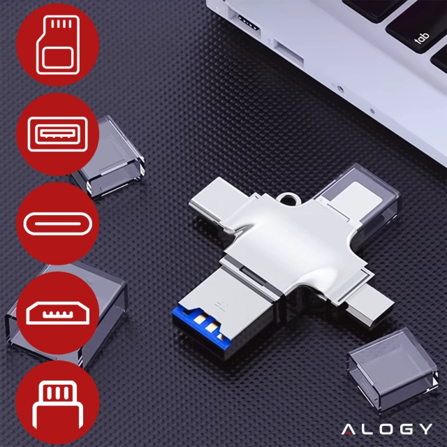 Czytnik kart SD 4w1 – adapter USB 3.0 do TF / microSD, kompatybilny z Lightning, USB-C i micro USB, szybki transfer danych – Alogy SmartRead Pro™
